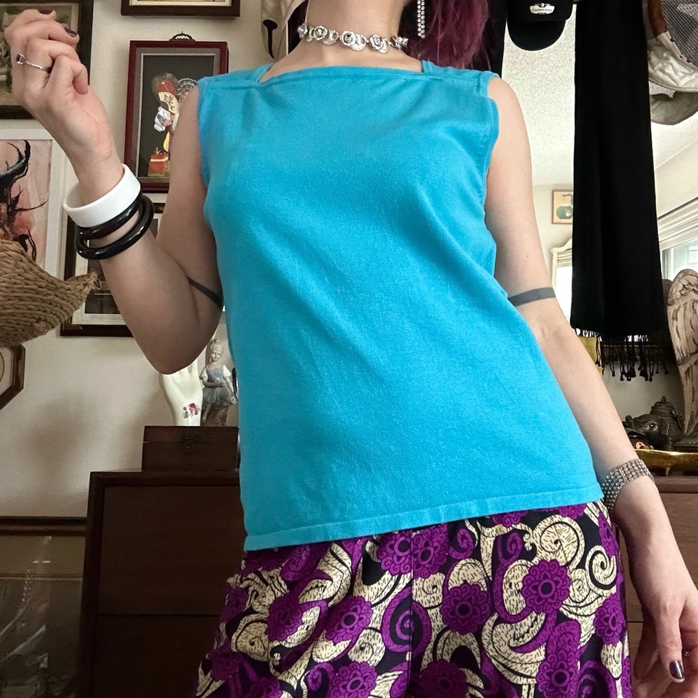 vintage 90s august silk turquoise silk / nylon knit tank / size extra large